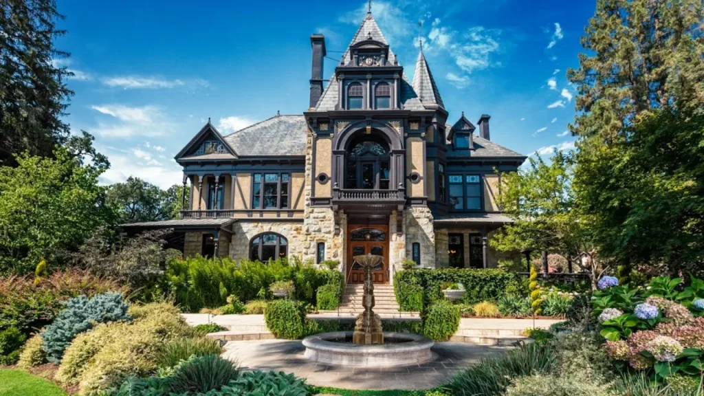 Magnificent Victorian mansion at Beringer Vineyards featuring ornate stone architecture with turrets and elaborate details, surrounded by beautifully landscaped gardens and a decorative fountain