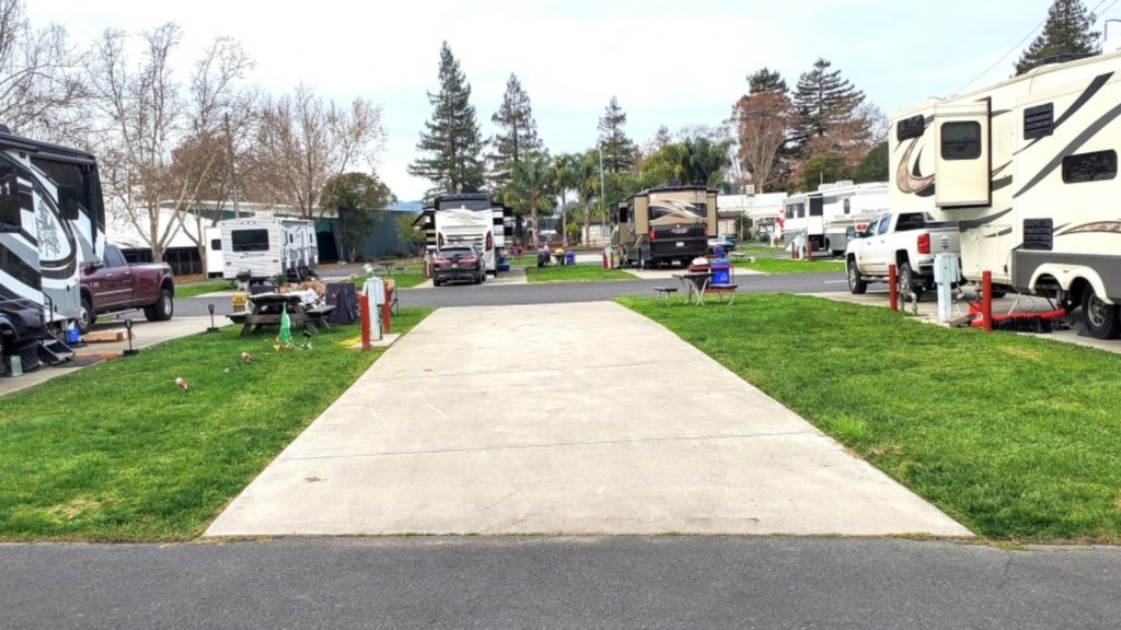 A spacious concrete RV site at Napa Valley Expo RV Park surrounded by well-maintained green grass with various recreational vehicles parked nearby under mature trees.
