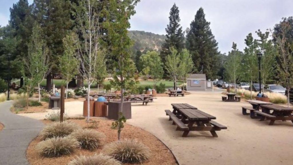 Yountville Park features multiple wooden picnic tables scattered across an open area with mature trees, native landscaping, and rolling hills visible in the background