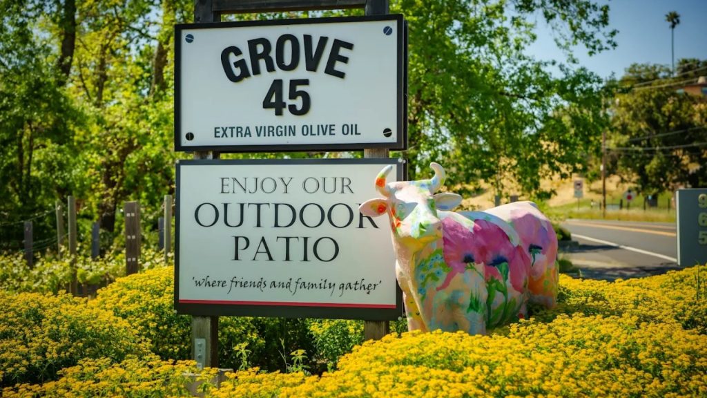 Roadside signage for Grove 45 extra virgin olive oil featuring white signs advertising their outdoor patio dining area alongside a colorful painted cow sculpture and vibrant yellow wildflowers creating a cheerful farm-to-table destination.