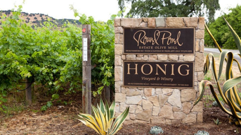 Stone entrance sign for Round Pond Estate winery and vineyard featuring natural stone construction with "HONIG Vineyard & Winery" signage, surrounded by lush grapevines and drought-resistant landscaping with agave plants.