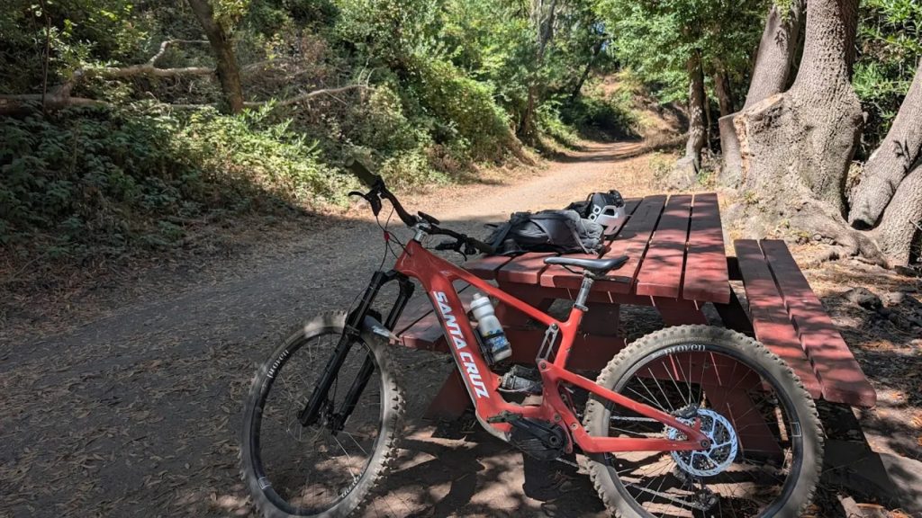 Red mountain bike parked beside wooden picnic table on shaded dirt trail at Skyline Wilderness Park, with dappled sunlight filtering through trees along the hiking path.