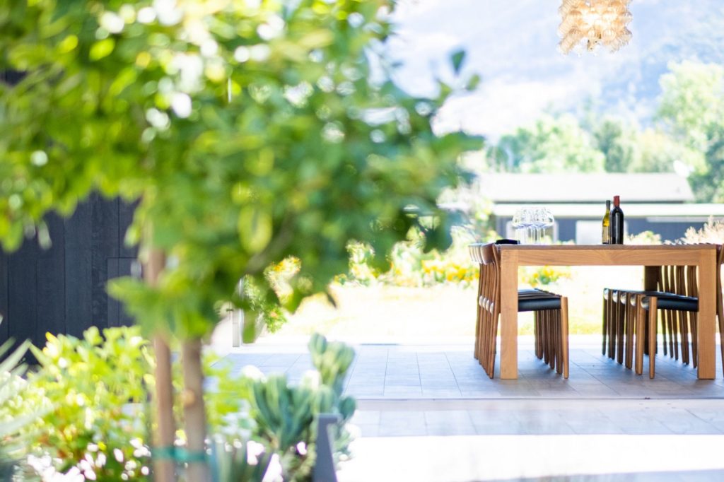outdoor wine tasting patio Riers-Marie garden setting