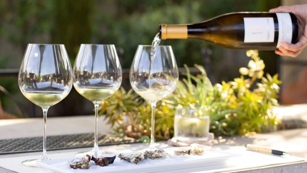White wine being poured into glasses with oysters on a tasting table
