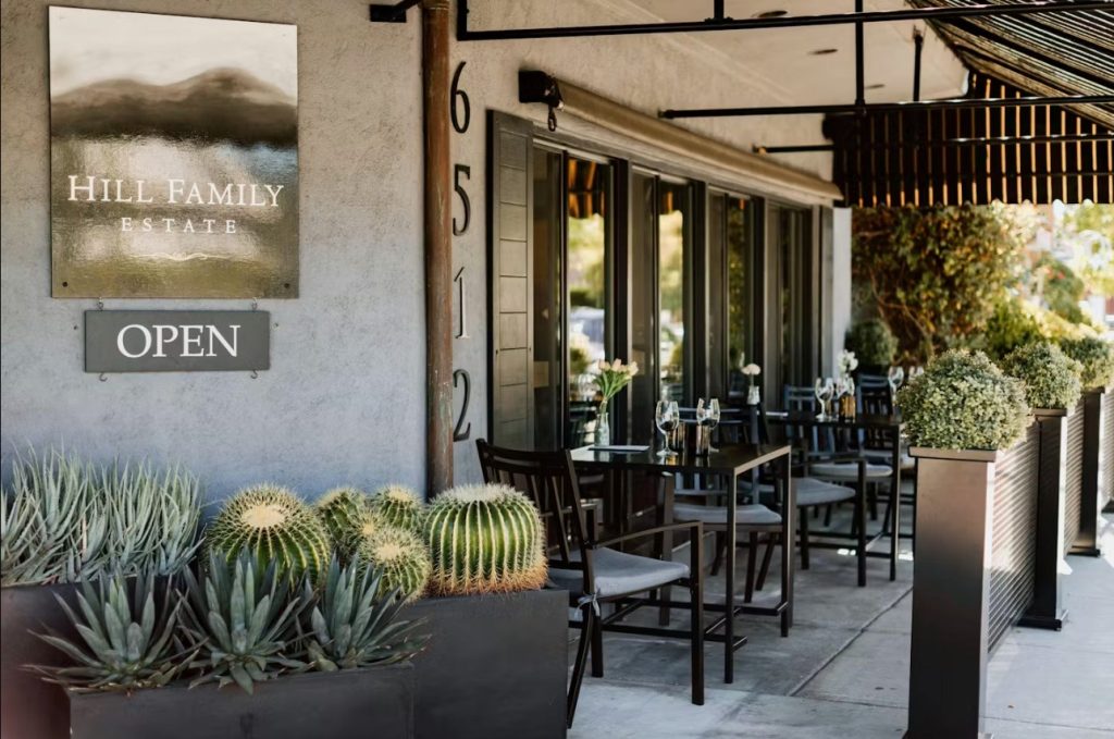 Outdoor patio seating at Hill Family Estate Winery in Yountville