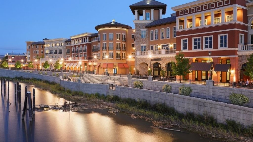 Downtown Napa riverfront hotels and restaurants at sunset
