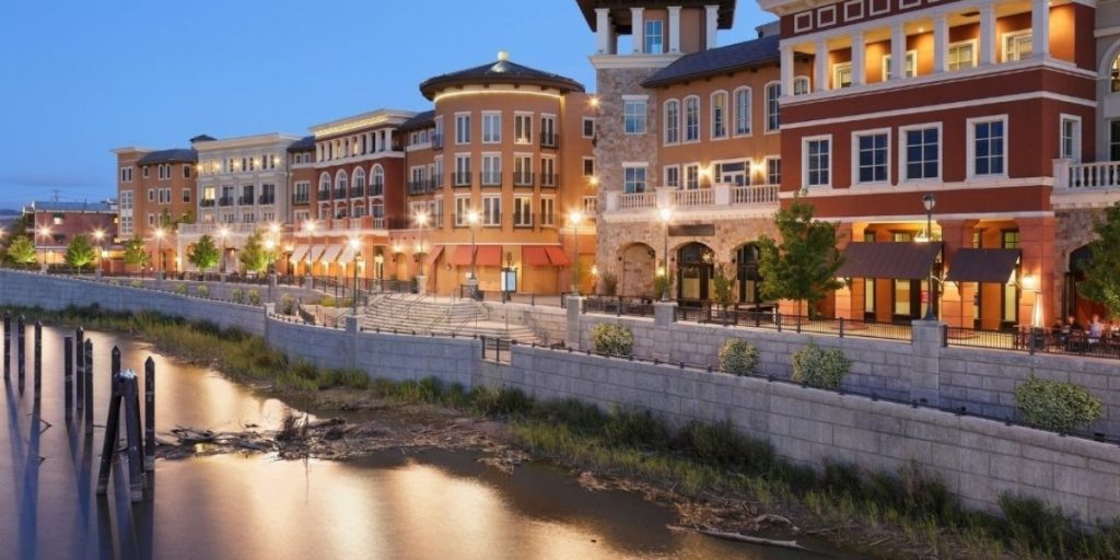 Downtown Napa riverfront and promenade at sunset near popular Napa drone show viewing areas.