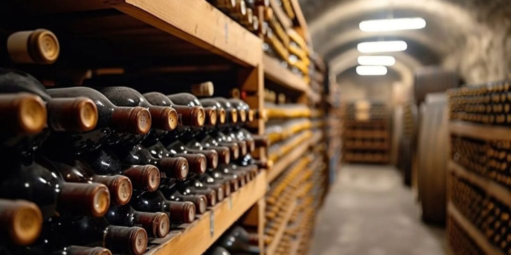 Historic Napa Valley wine cellar lined with aging wine bottles and oak barrels